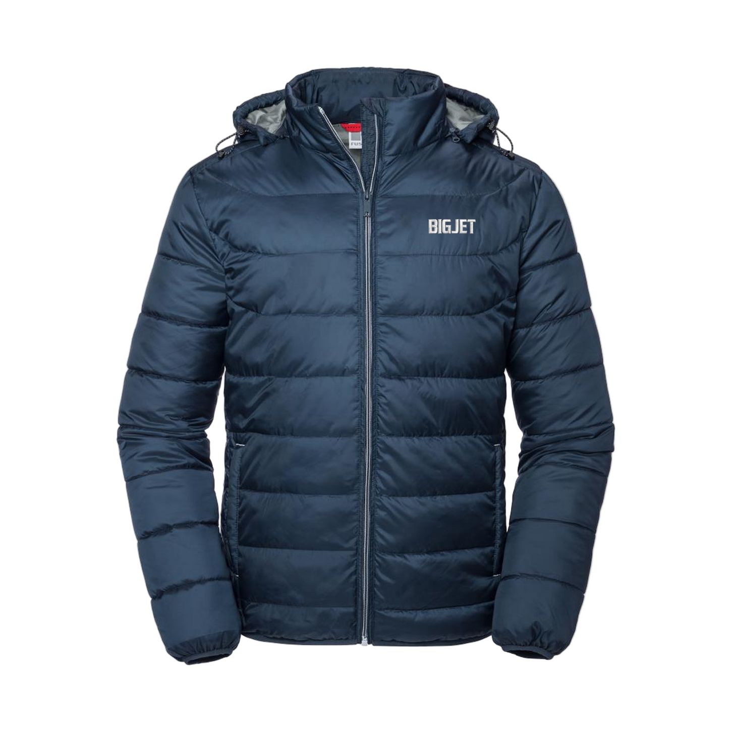 Blue puffer jacket with 'BIGJET' branding on a white background