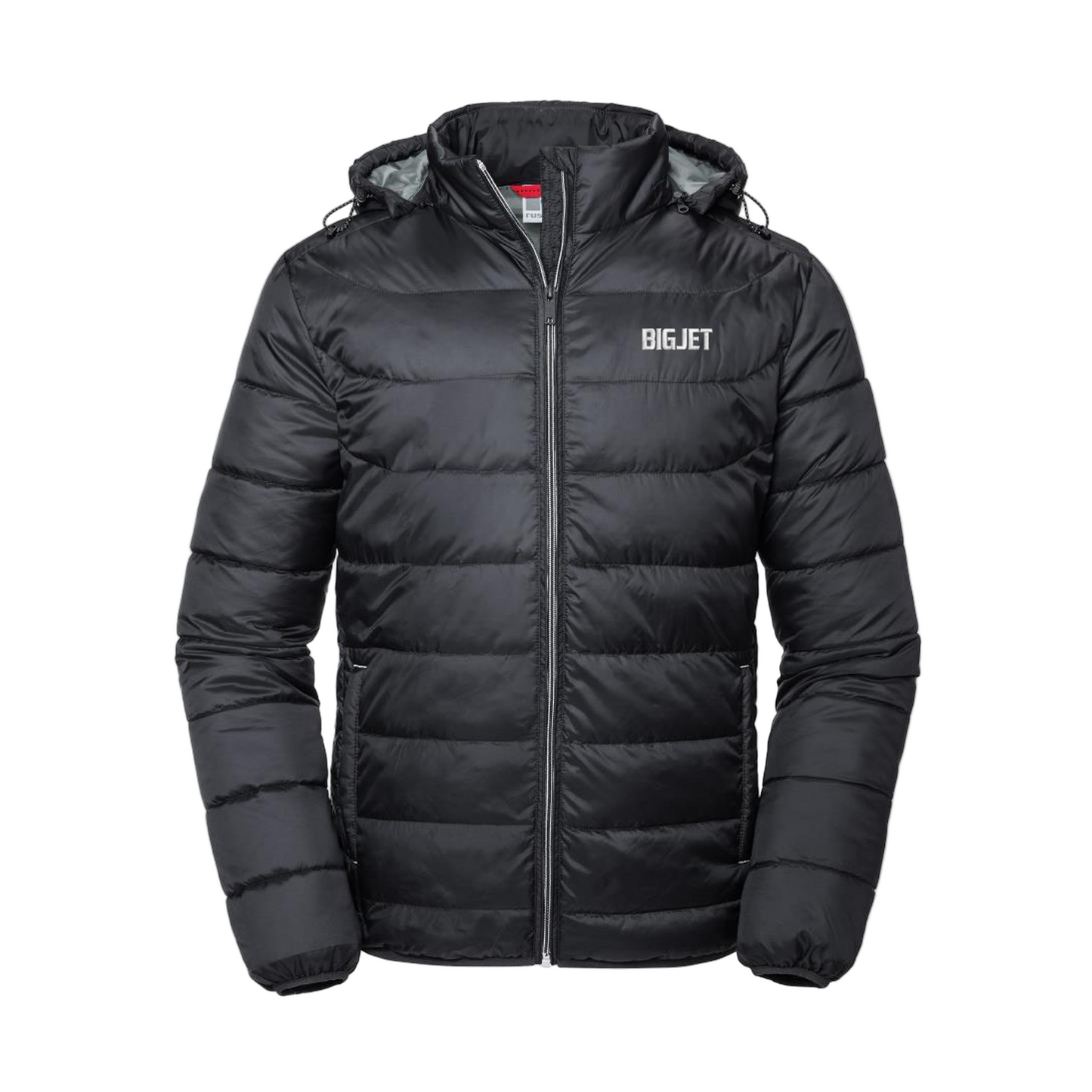 Black puffer jacket with 'BIGJET' branding on a white background