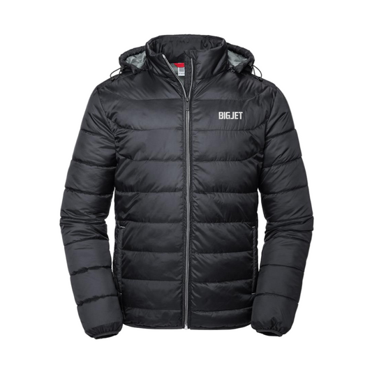 Black puffer jacket with 'BIGJET' branding on a white background