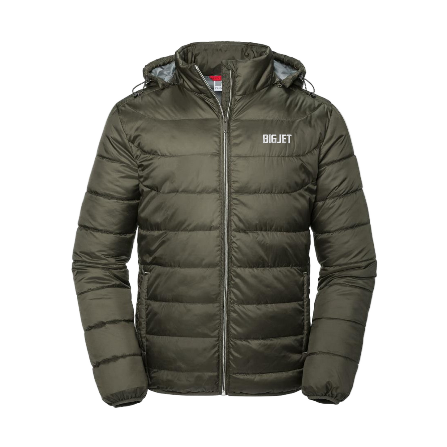 Green puffer jacket with 'BIGJET' branding on a white background