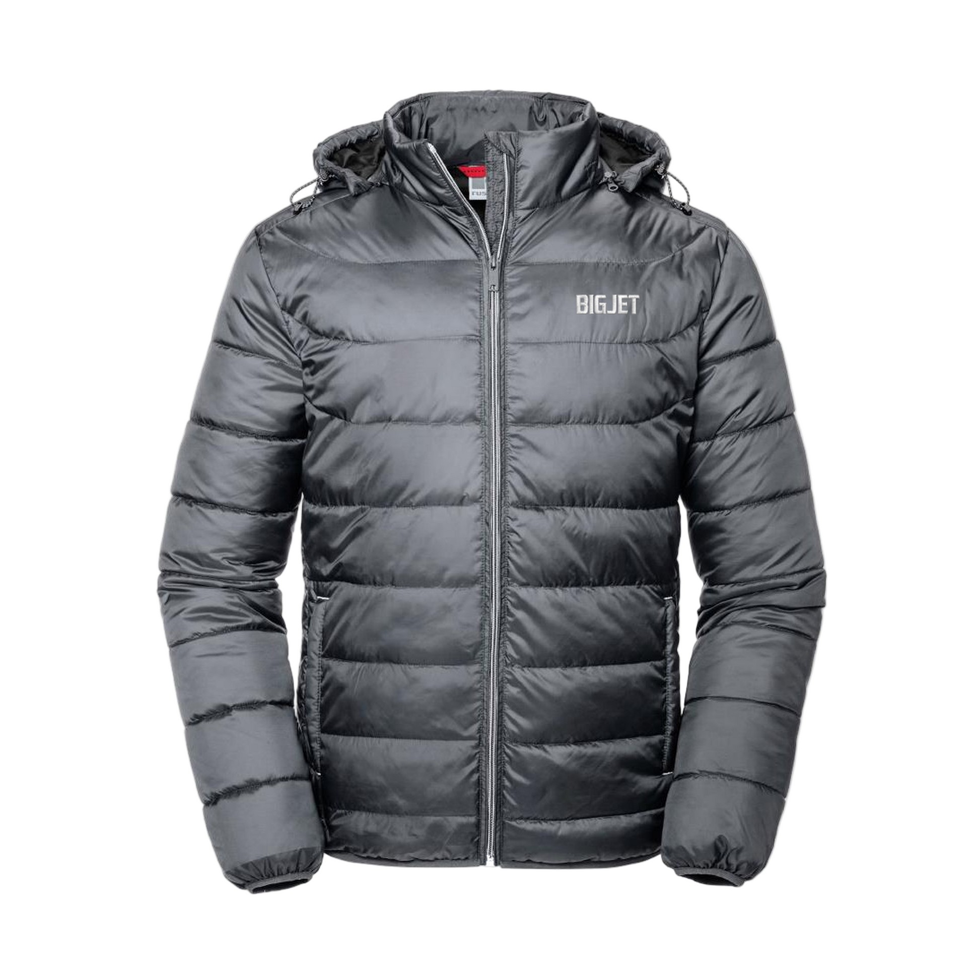 Gray puffer jacket with 'BIGJET' branding on a white background